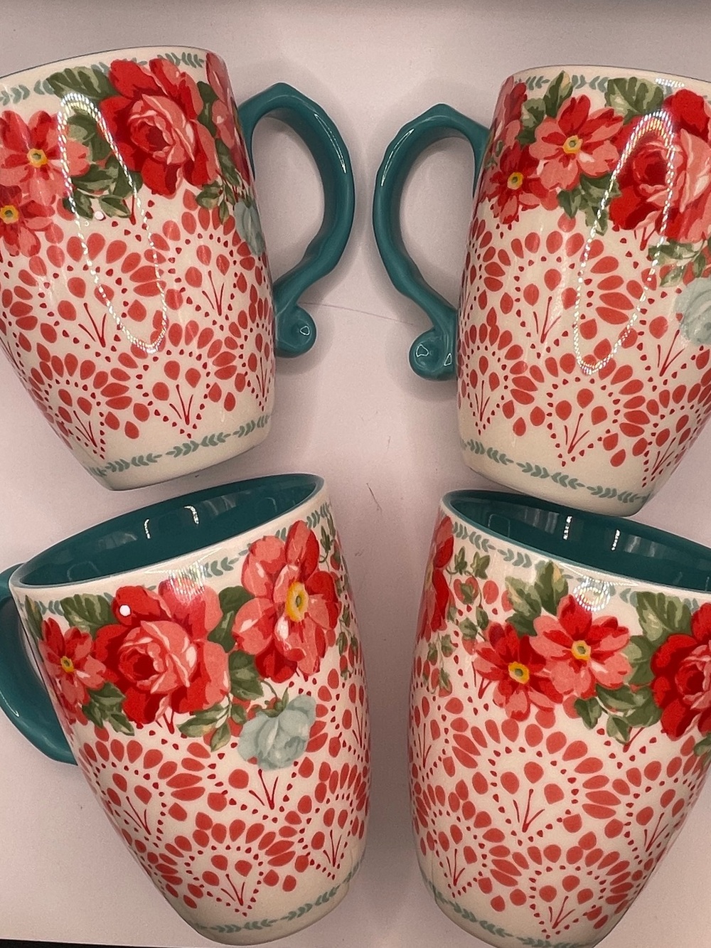 Pioneer Woman oversized Floral Red and Teal Ceramic Mug Set - 4  24 oz